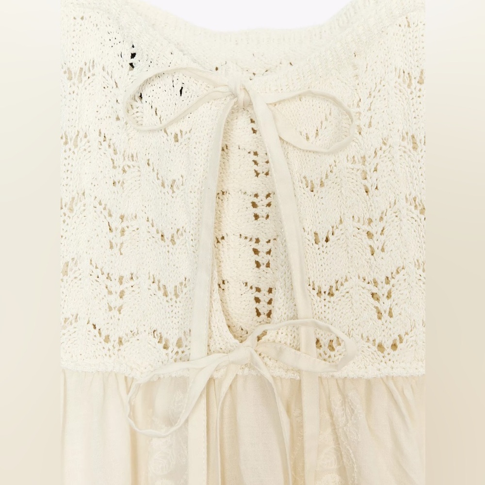 Zara Contrasting Embroidered Knit Dress Cotton Blend Tie Back NWT L Cottagecore - Picture 4 of 13